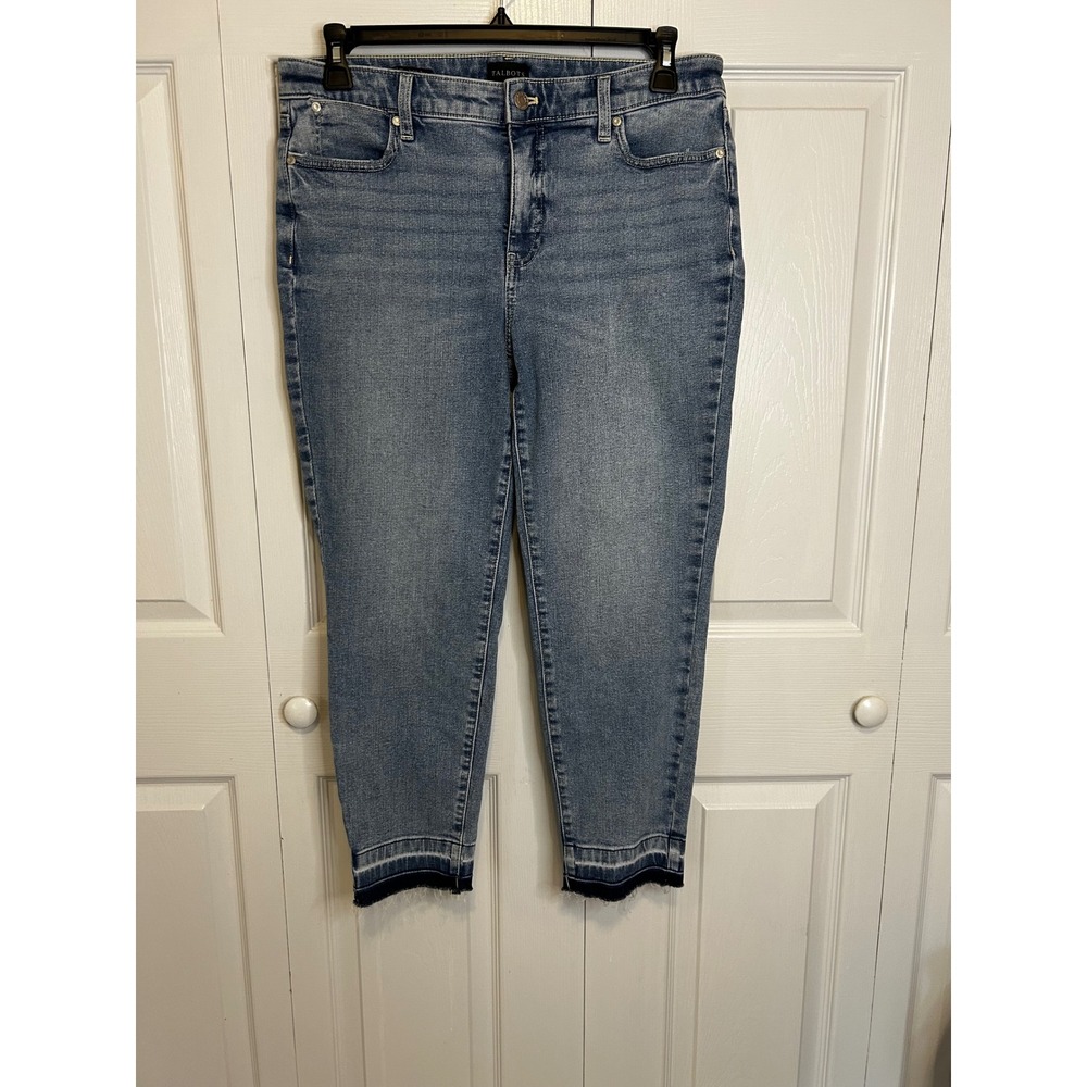 Talbots Womens 12P Slim Ankle Jean Medium Wash Released Raw Hem Blue Denim